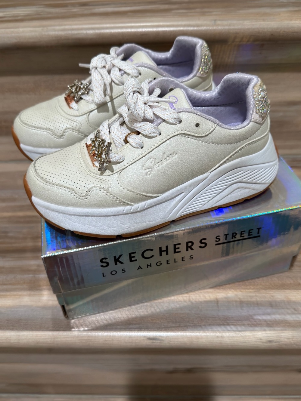 Skechers Kids Cream and Lavender Chunky Sneaker with Rhinestone Heel
